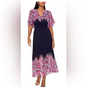 MSK Navy Maxi Dress with Pink Floral Panels